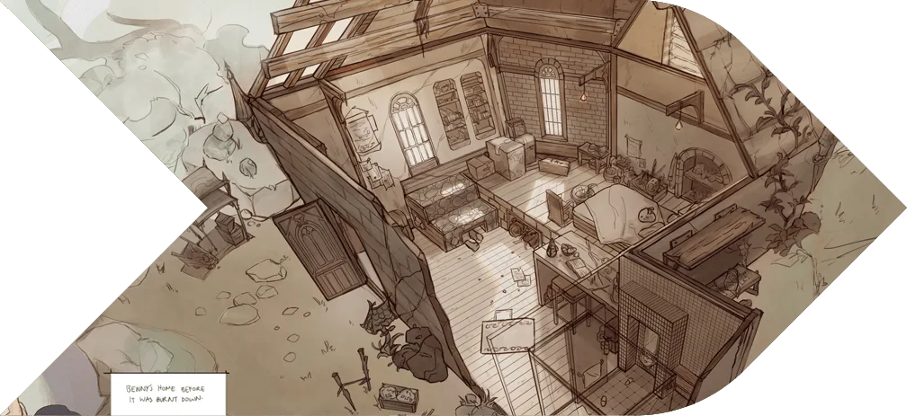 Digital art of a wooden house after a burn-down, created by our student at 3dsense Media School.